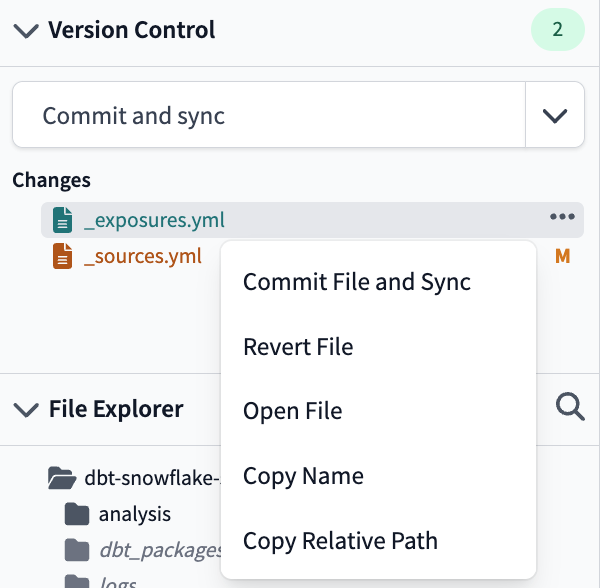Right-click edited files to access Version Control Options menu Right-click edited files to access Version Control Options menu